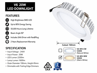 V6 20W LED Downlight White